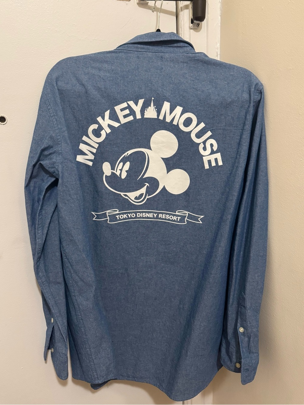 Tokyo Disney Resort Shirt Adult Large Blue Mickey Mouse Denim Button Up